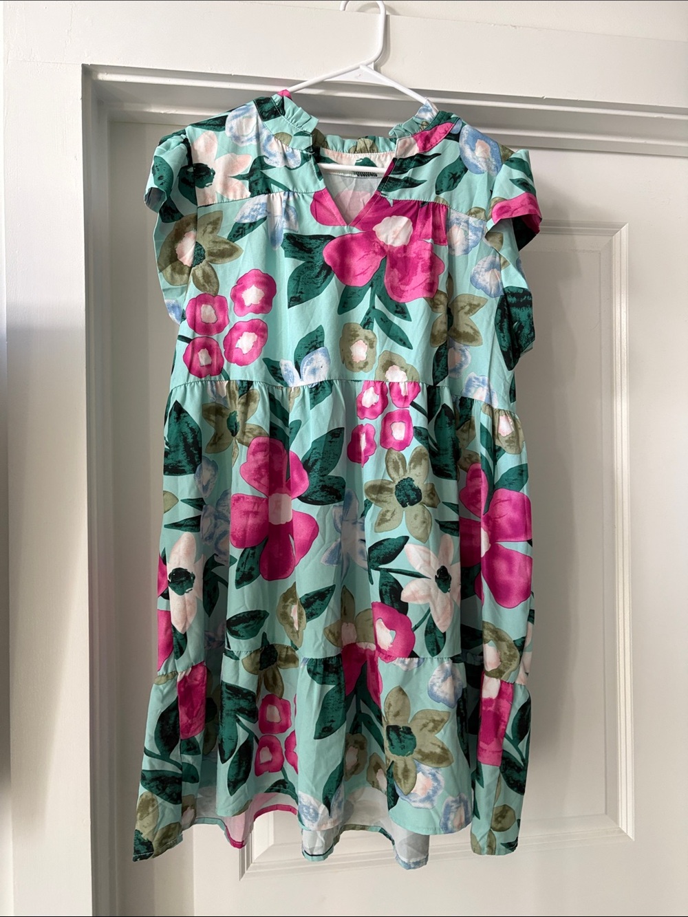 Aqua Floral Cotton Dress with Pink Accents
